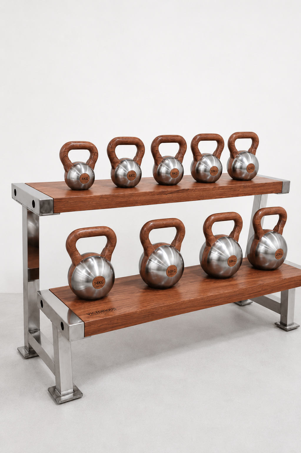 Type C Horizontal 2-Tier Kettlebell Rack — Bubinga & Stainless Steel