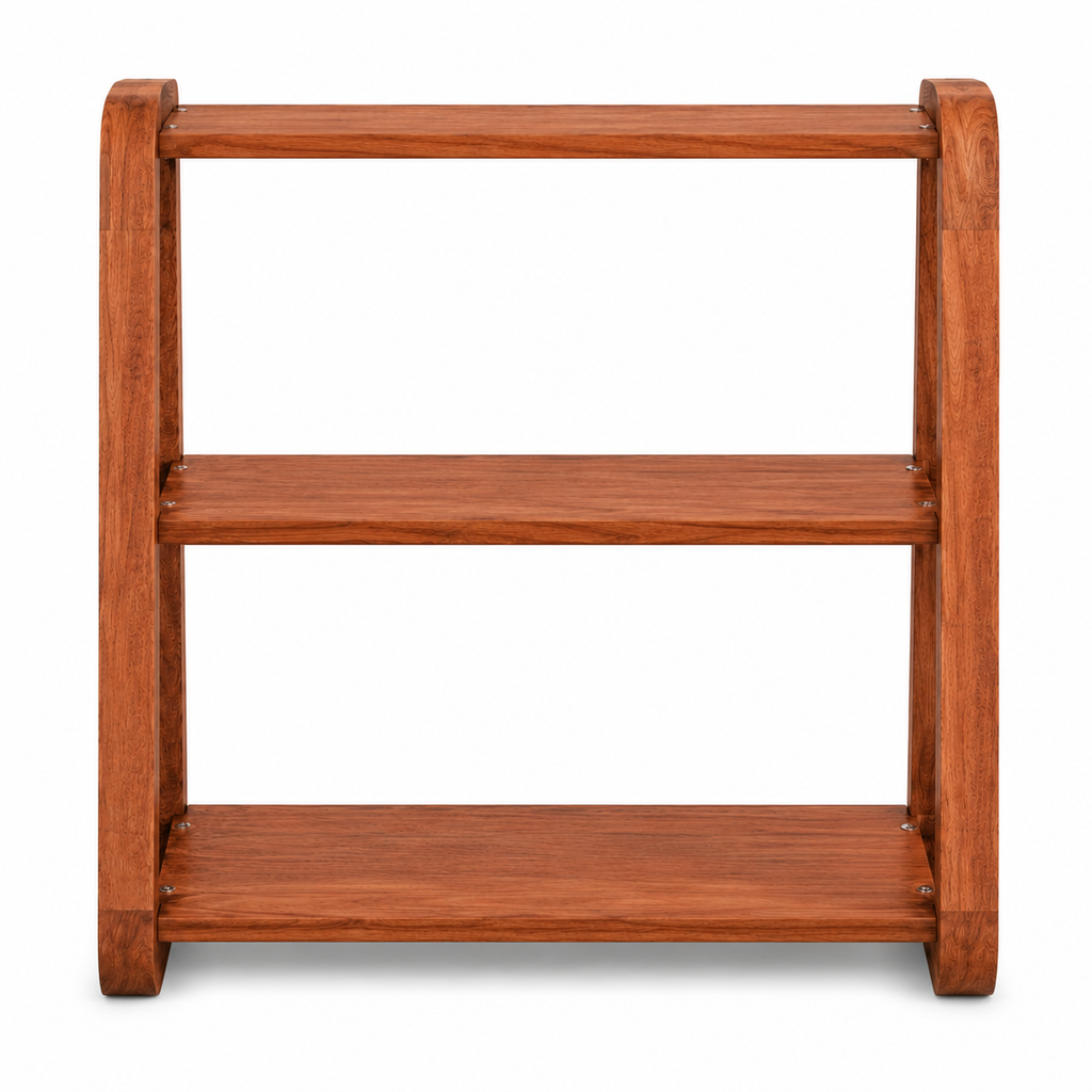 A three-tier wooden shelf with a warm bubinga wood finish and visible wood grain, shown against a plain white background.