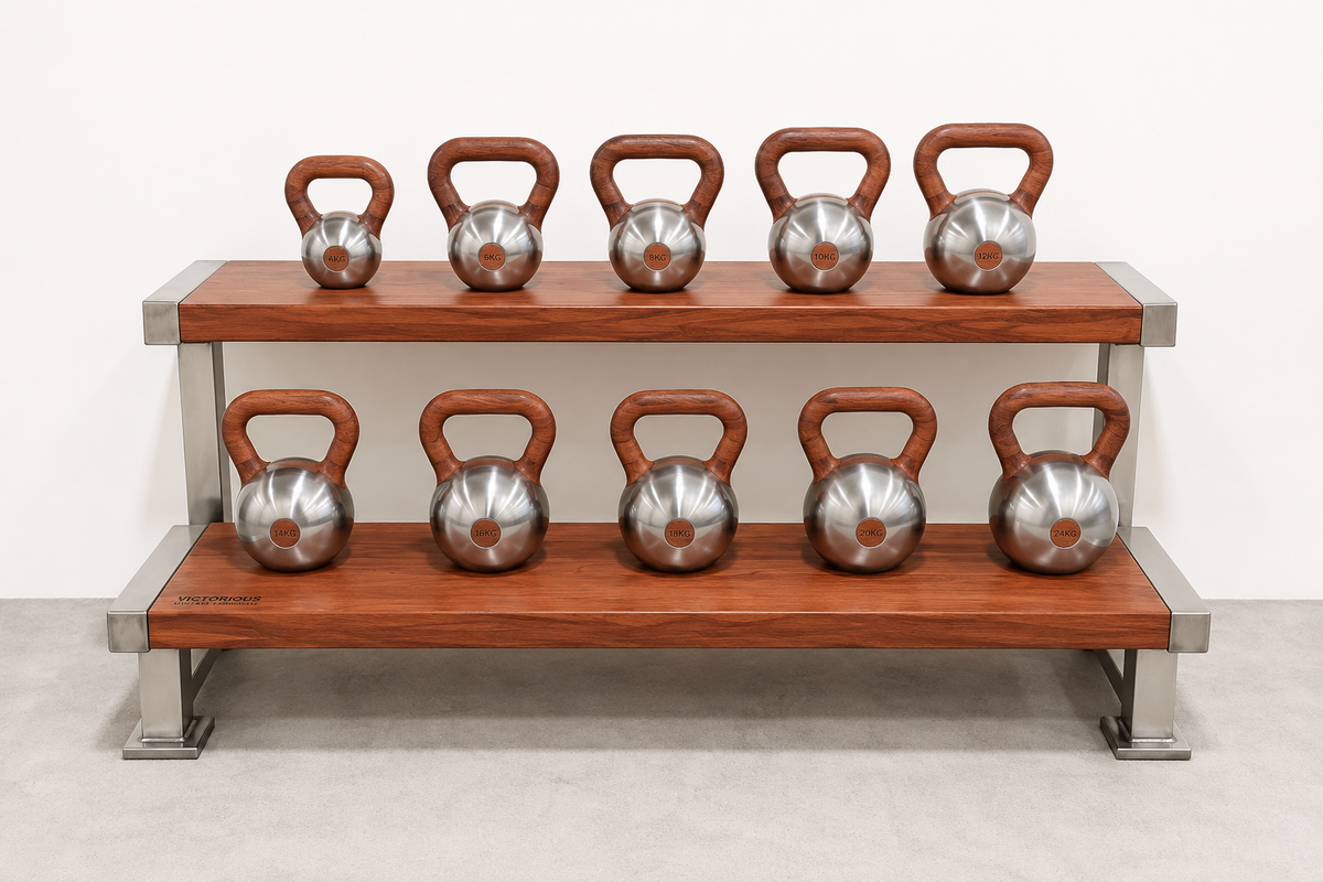 Two wooden display shelves with metal legs holding ten kettlebells. The kettlebells have brushed silver steel bodies and reddish-brown handles, arranged symmetrically on the two tiers against a plain white wall.