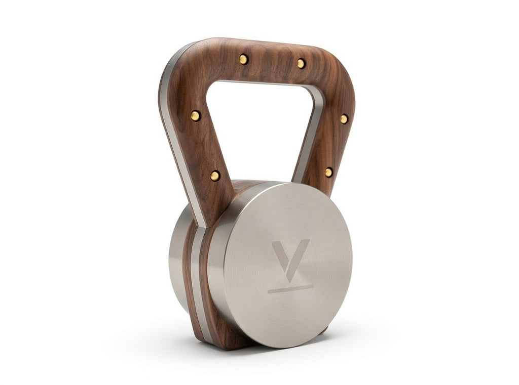 Type A double-sided three-tier vertical kettlebell rack in Walnut and polished stainless steel.
