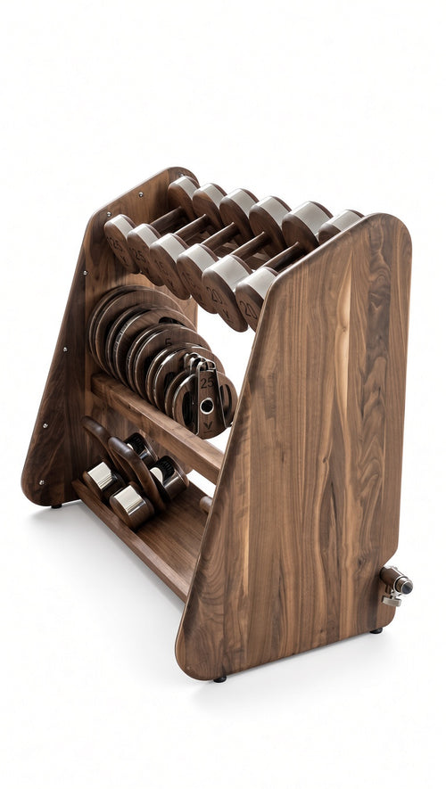 Premium solid-hardwood and polished stainless-steel multi rack for dumbbells, kettlebells, plates and a barbell.