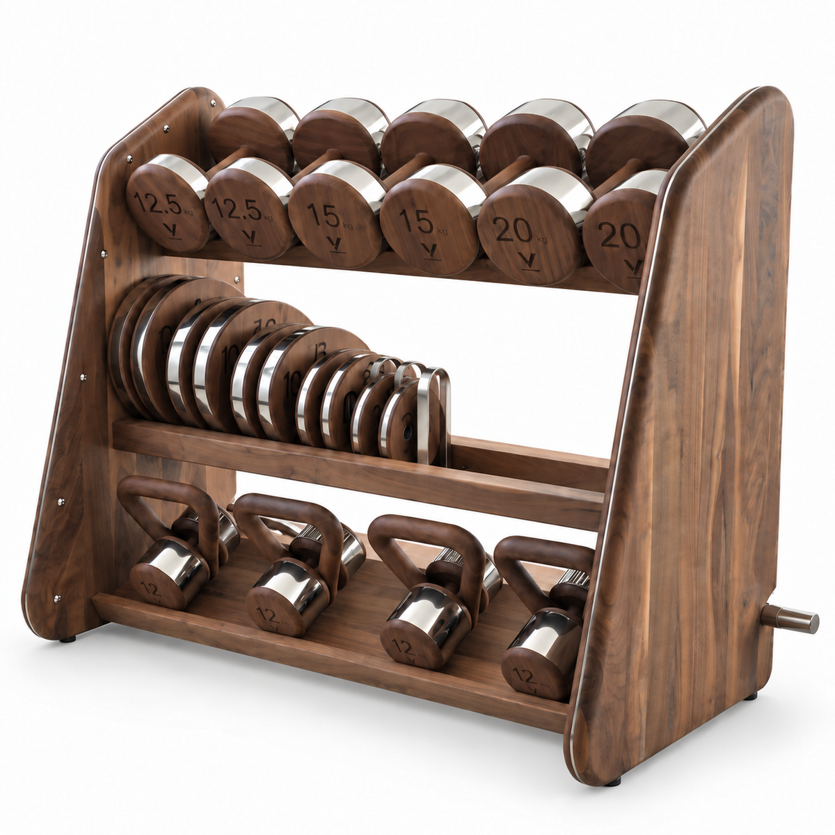 A wooden weight rack with three tiers holding dumbbells and kettlebells, photographed on a clean white background.