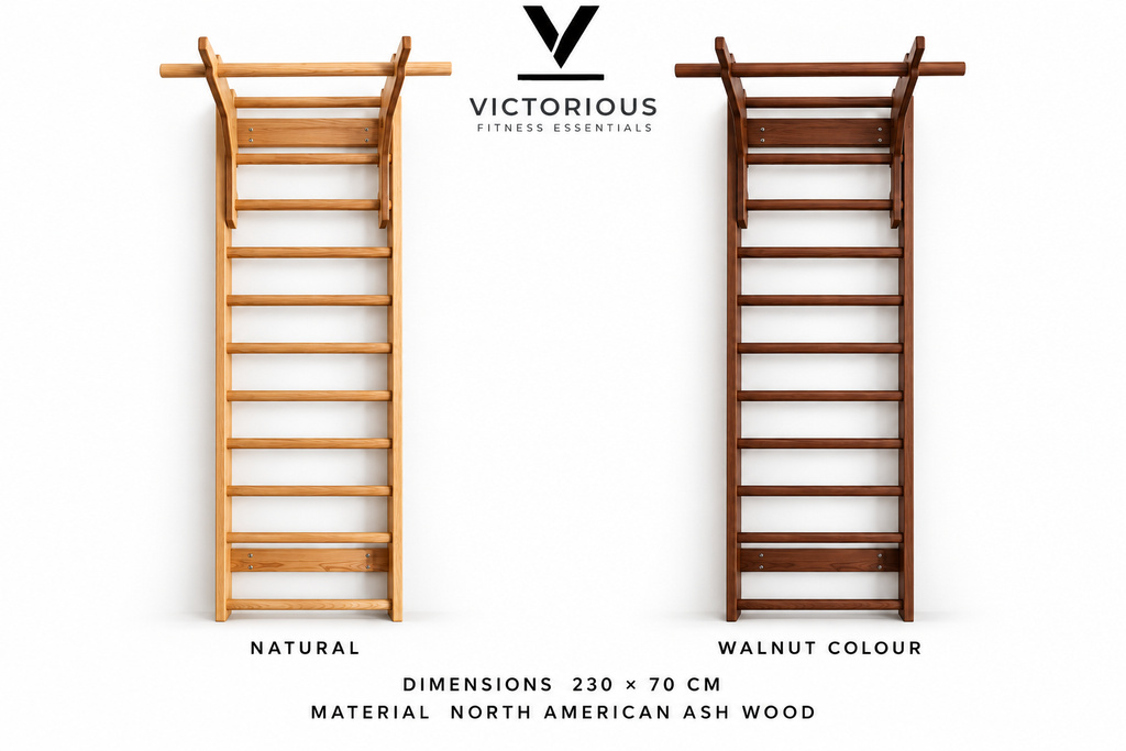 Wooden wall-mounted ladder-style exercise bars, Natural and Walnut Colour, with the Victorious Fitness Essentials logo and dimensions above.