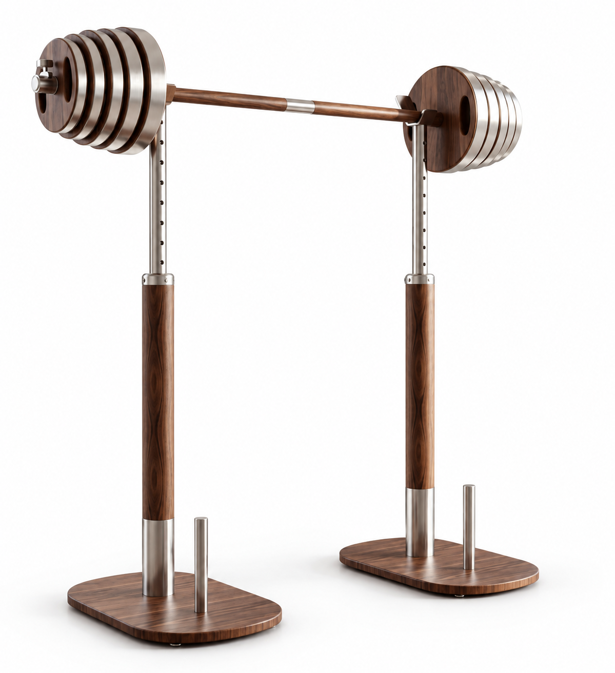 Pair of height-adjustable free-standing hardwood and brushed stainless-steel barbell stands.