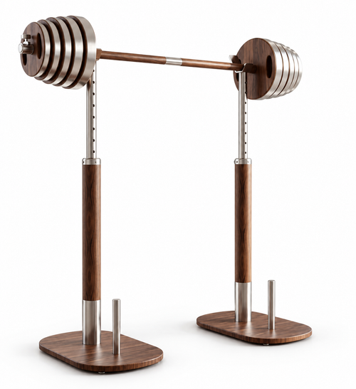 Pair of height-adjustable free-standing hardwood and brushed stainless-steel barbell stands.