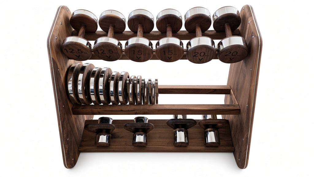 A wooden dumbbell rack holding multiple adjustable dumbbells and weight plates, shown on a plain white background.
