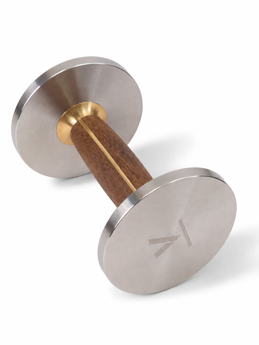 A modern adjustable dumbbell with circular brushed silver metal plates, a polished gold-toned collar, and a brown wooden handle, shown on a clean white background.