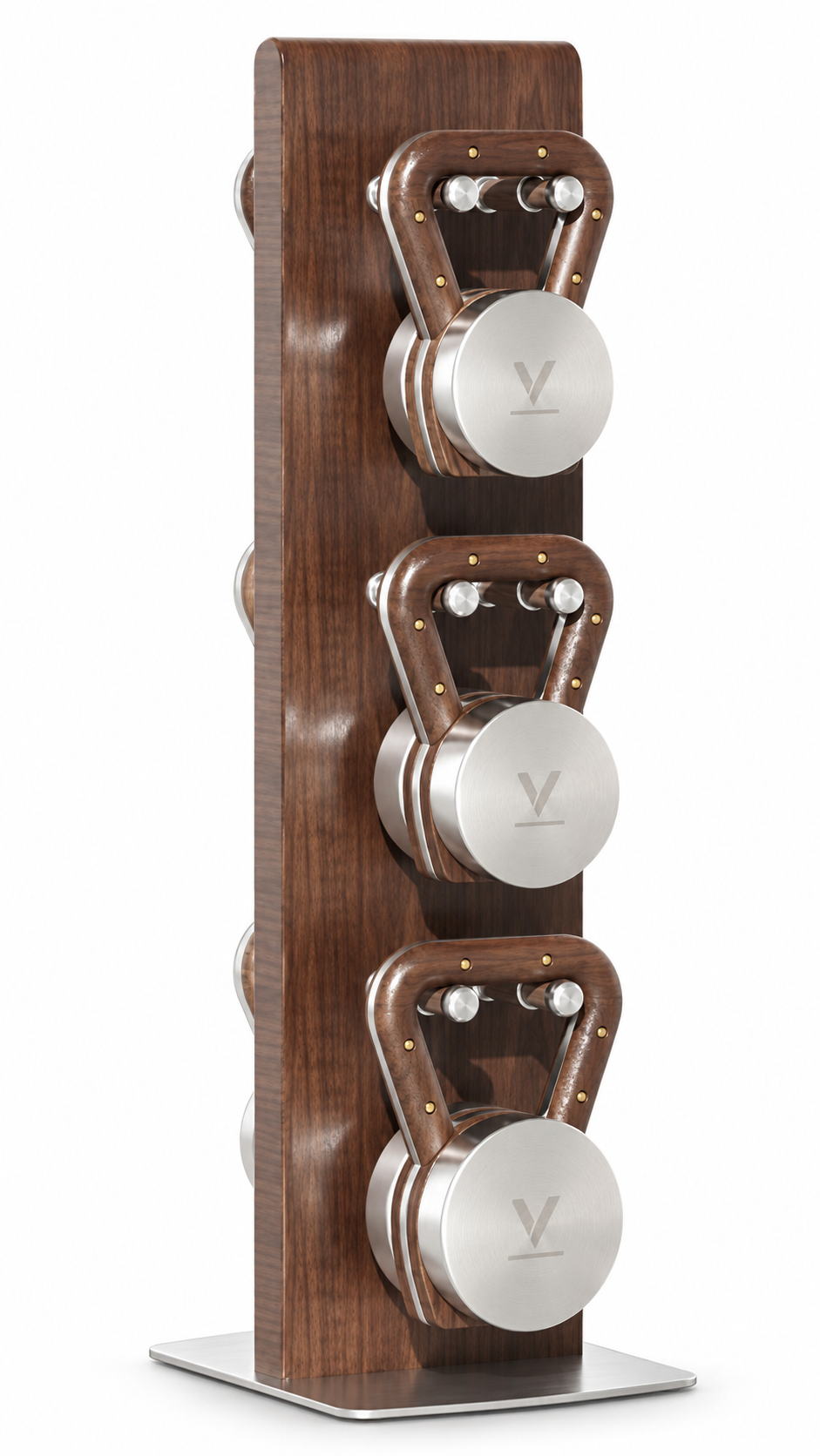 Three kettlebell-style weights with walnut handles and stainless steel, mounted on a solid walnut wood display stand with a brushed stainless steel base.