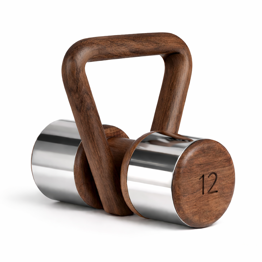 Walnut wooden and stainless steel kettlebell-style.