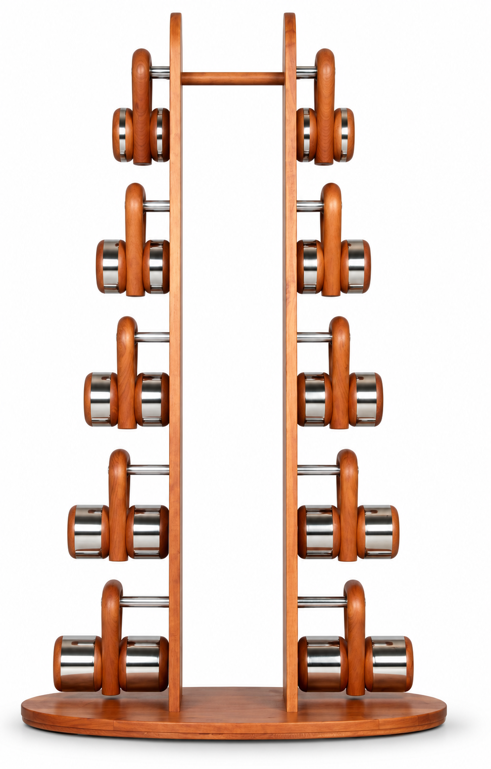 A wooden free standing kettlebell rack with multiple kettlebells arranged vertically on both sides, shown against a plain white background.