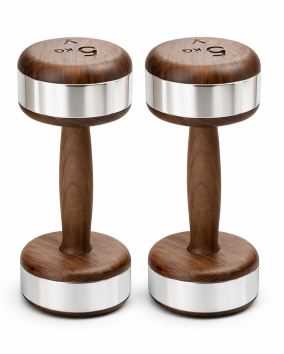 Type B fixed-weight dumbbell set crafted from selected solid hardwood and polished 304 stainless steel.