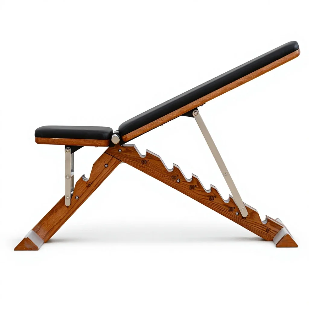 Adjustable wooden weight bench with black leather seat and backrest.