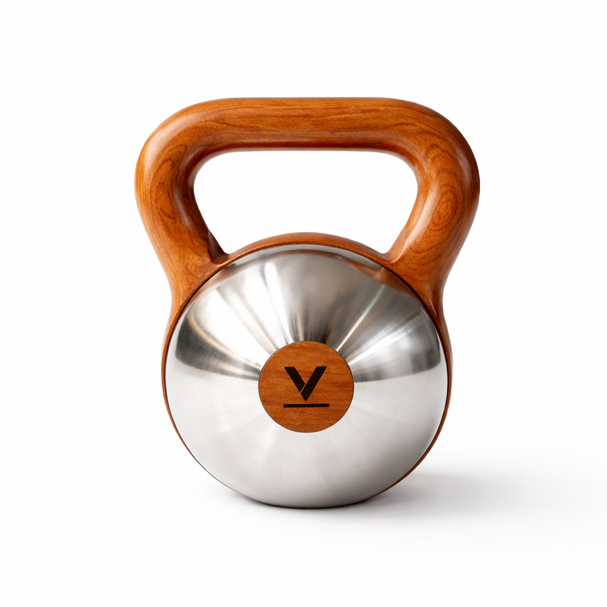 A kettlebell with a polished stainless steel body and a curved wooden handle