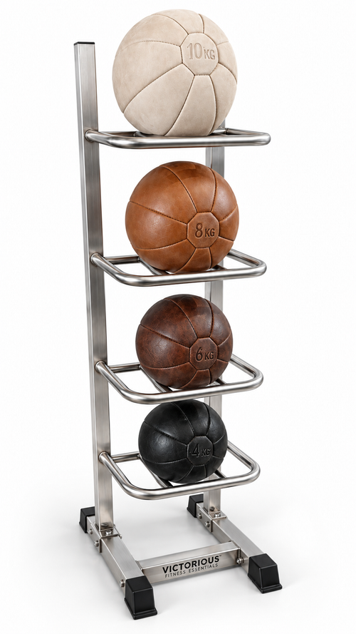 A stainless steel 4-tier medicine ball rack holding four leather medicine balls in cream, brown, dark brown, and black.