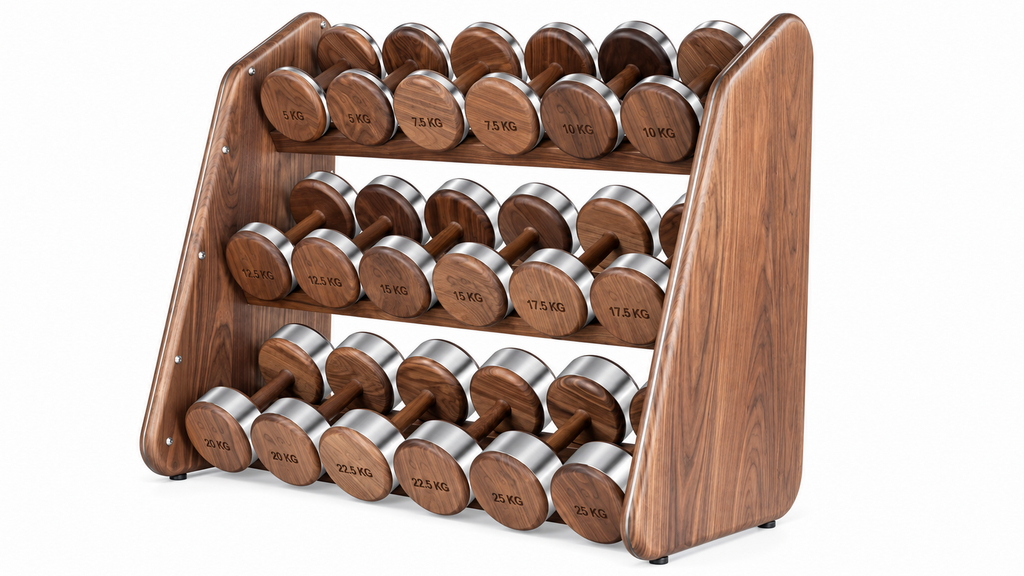 Type B horizontal three-tier dumbbell rack in solid hardwood with polished stainless-steel components.