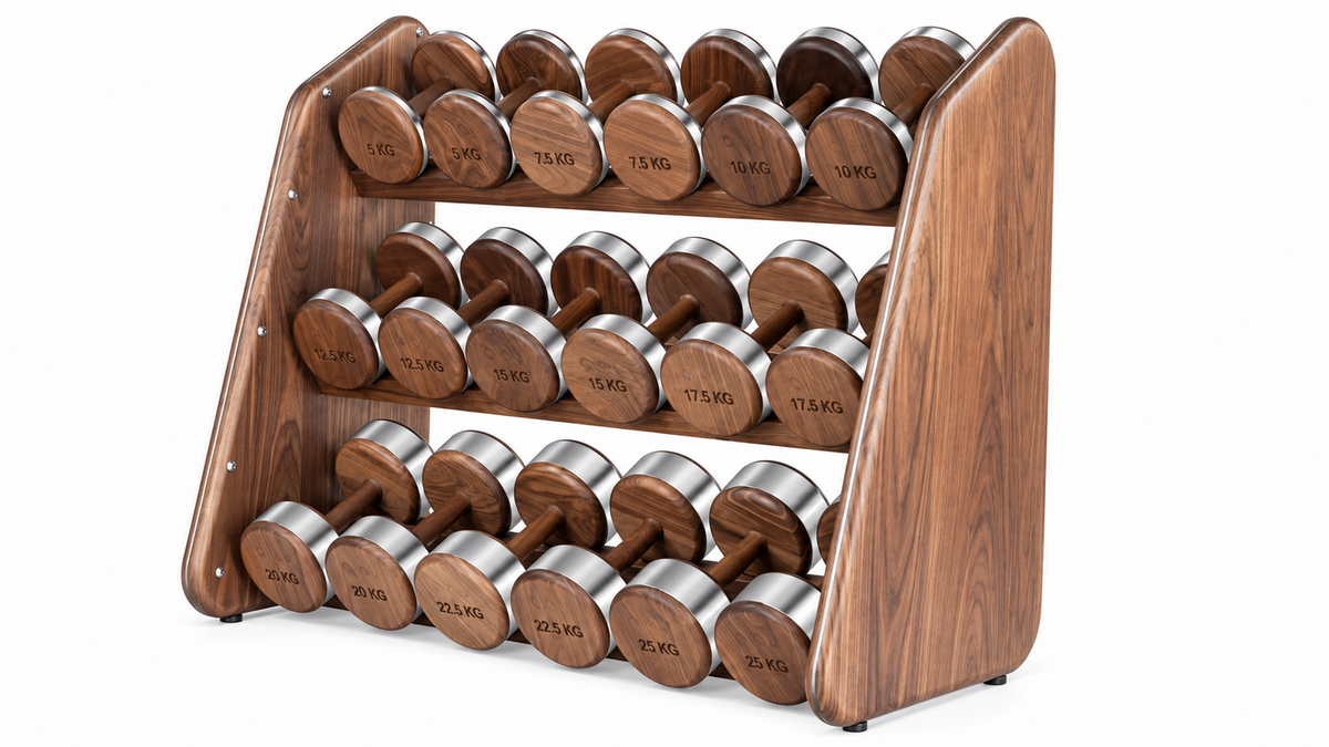 Type B horizontal three-tier dumbbell rack in solid hardwood with polished stainless-steel components.