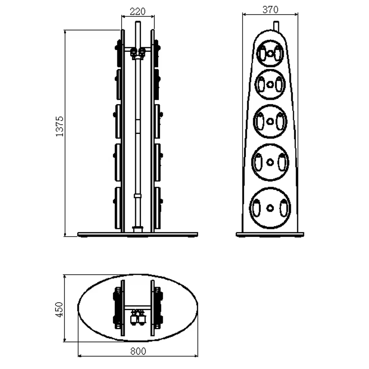 Black and white technical dimension drawing of a multi-port power strip or server rack, showing front, side, and top-down views with measurements 1375, 370, 220, 450, 800, and 600.