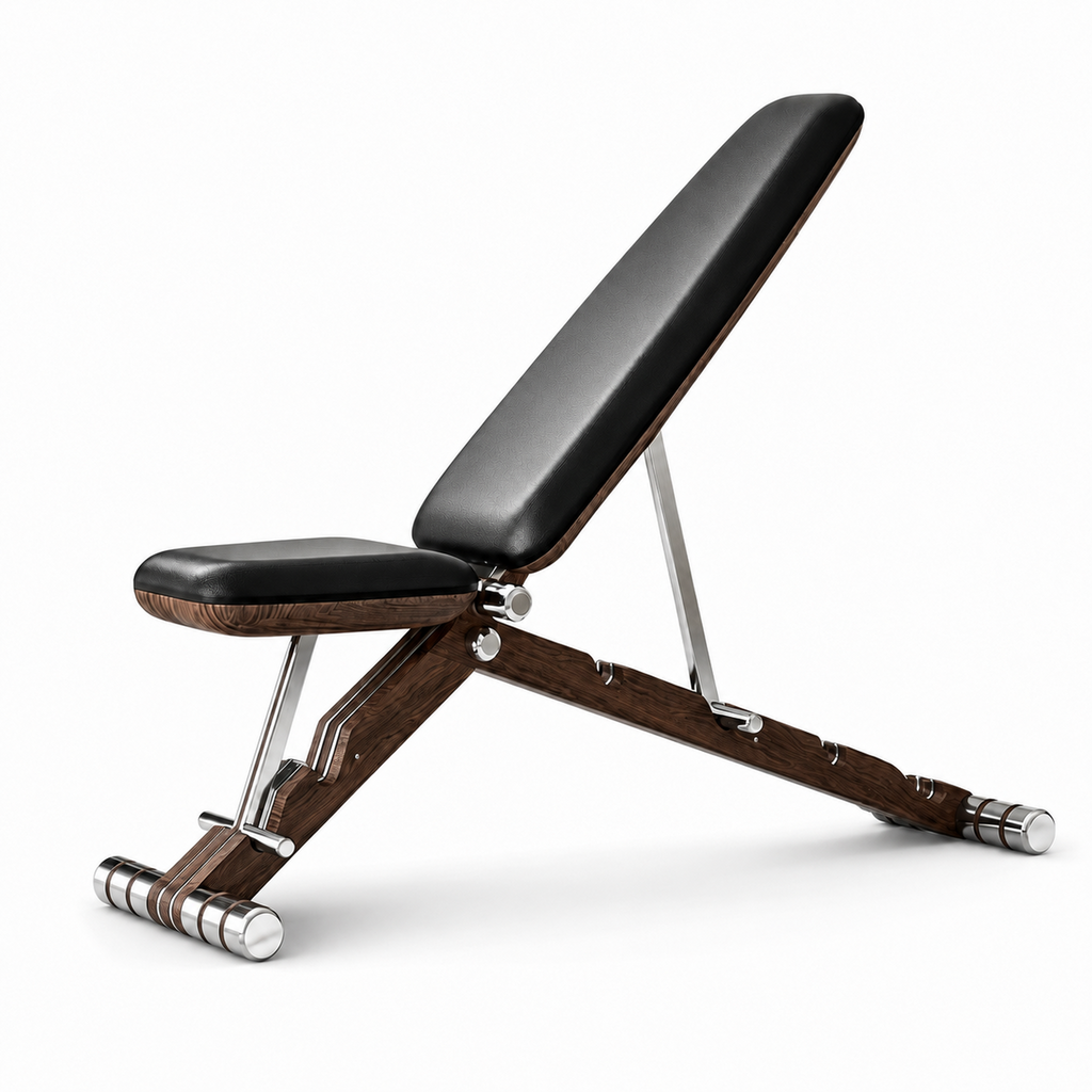 Adjustable weight bench with a walnut wood rods, and black leather seat and backrest.
