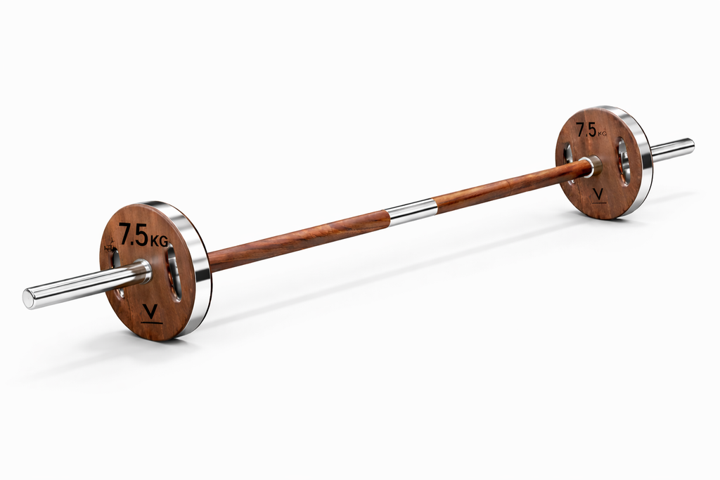 A wooden barbell with silver metal collars and 7.5 kg weight plates, shown on a clean white background.