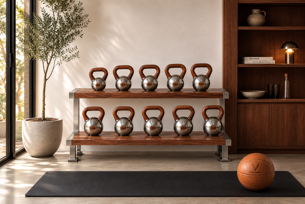 Type C Horizontal 2-Tier Kettlebell Rack — Bubinga & Stainless Steel