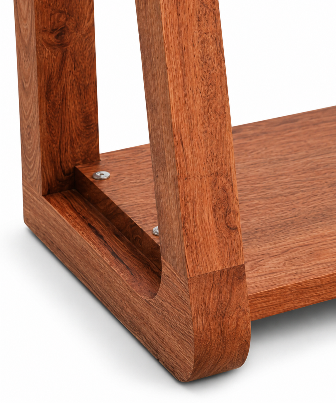 Close-up of a wooden rack corner showing a warm reddish-brown wood grain finish with visible screws and a clean white background.
